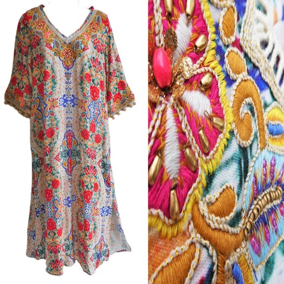 Soft Surroundings Kaftan Muu Muu Maxi Dress Ipanema Embroidered Rio Rainbow XSP